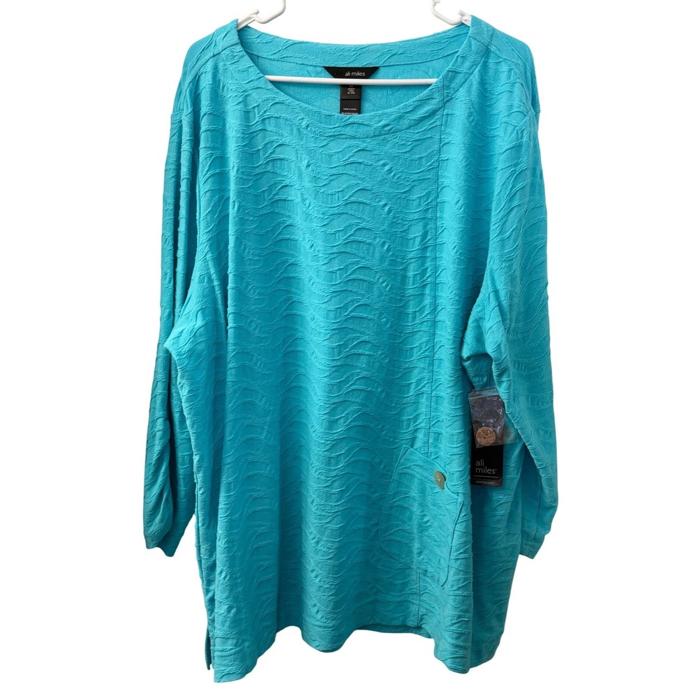 Ali Miles Womens 2X Aqua Blue Textured 100% Cotton 3/4 Sleeve Tunic NWT A55116TW